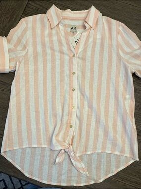 Anne Klein Pink and White Striped Tie-Front Button-Up Blouse